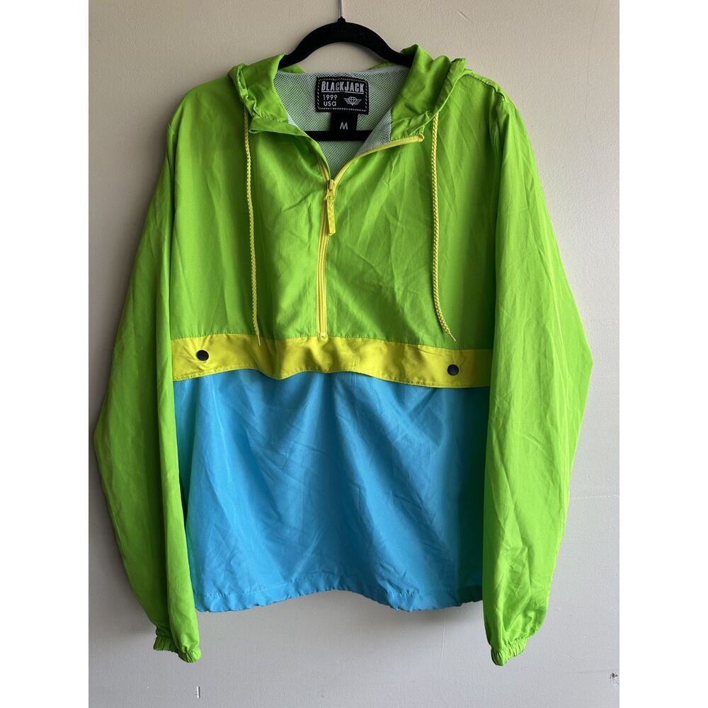 BlackJack 1999 USA Neon Colorblock Hooded Windbreaker Jacket Medium Retro 90s